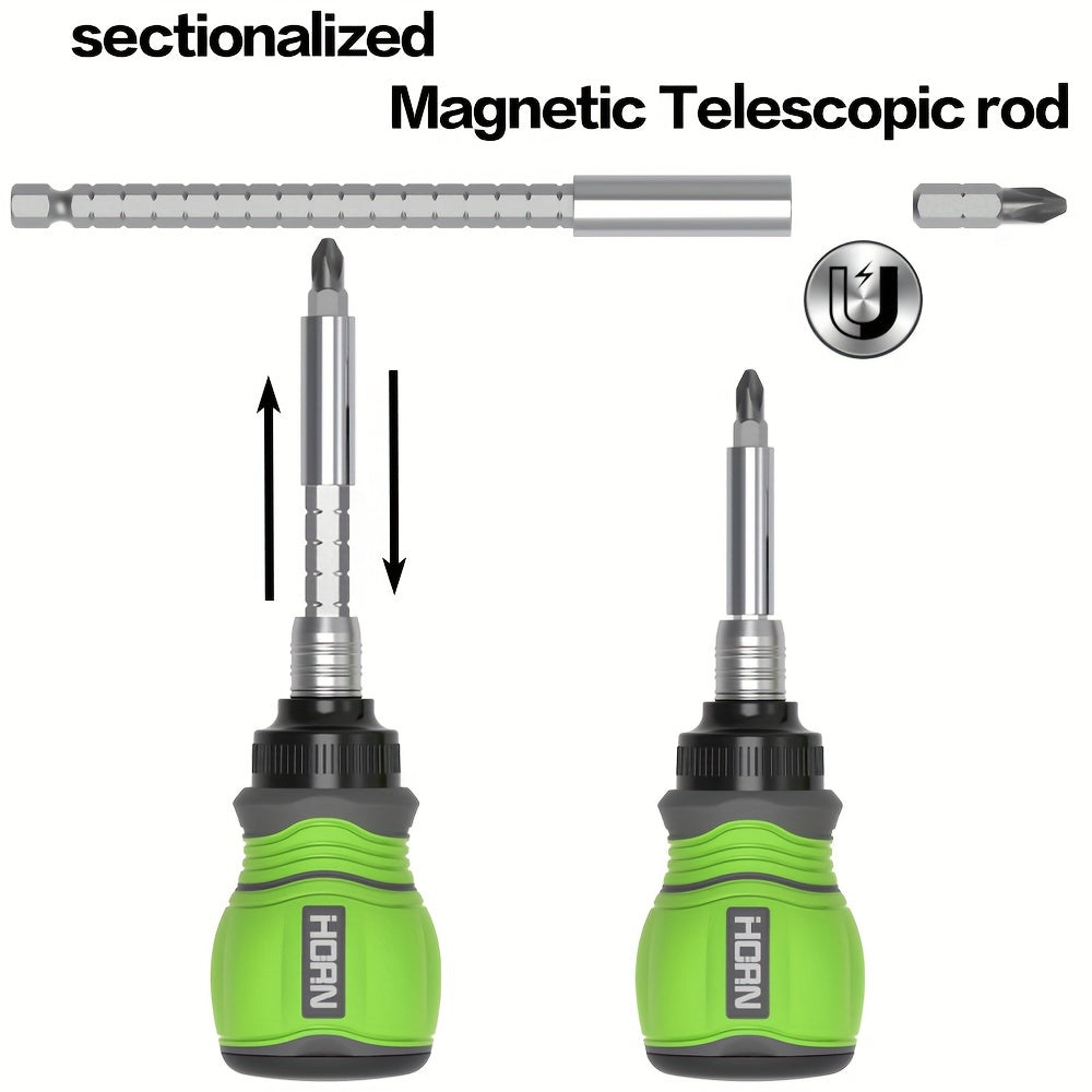 11-in-1 Chrome Vanadium Steel HORN Multi-Function Magnetic Screwdriver Set - Retractable, Rust-Resistant, Non-Slip Grip, Flat, Phillips, Hex Head Styles for Home, Office, Indoor Use - Orange, Green