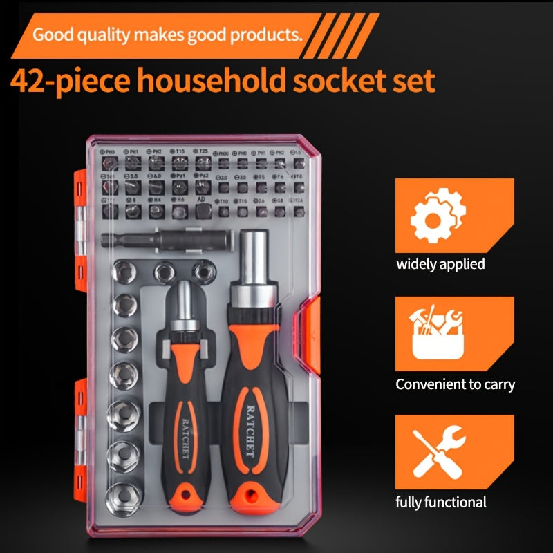 Ratchet Screwdriver Set, 42-in-1 with Magnetic Two Handles, Convertible Chuck for Electronics, Bicycles and Furniture Repair - Includes Flat Head, Hexagon, Phillips Bits, High-end Boxed