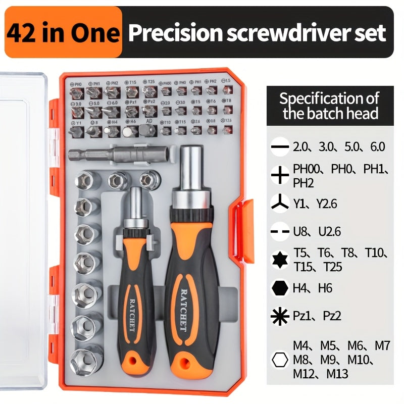 Ratchet Screwdriver Set, 42-in-1 with Magnetic Two Handles, Convertible Chuck for Electronics, Bicycles and Furniture Repair - Includes Flat Head, Hexagon, Phillips Bits, High-end Boxed