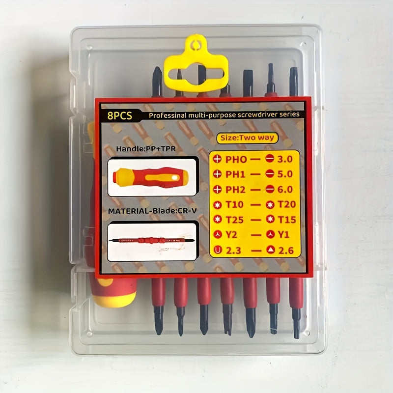 [8-in-1 magnetic screwdriver set] Double headed multi size manual tool set, 8pcs set of professional maintenance tools, anti slip handle+portable box, suitable for repairing tables, chairs, and various furniture