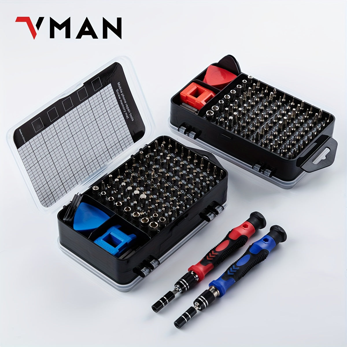 [122in1 VMAN Repair Kit] 122in 1 VMAN Electronics Repair Tool Kit, Precision Screwdriver Set | Carbon Steel, Non-Slip Handle, Flat/Phillips/Torx Heads, Polished Finish, Red & Blue, Professional Repair Equipment | Organized Tool Case, Durable Tool Set for