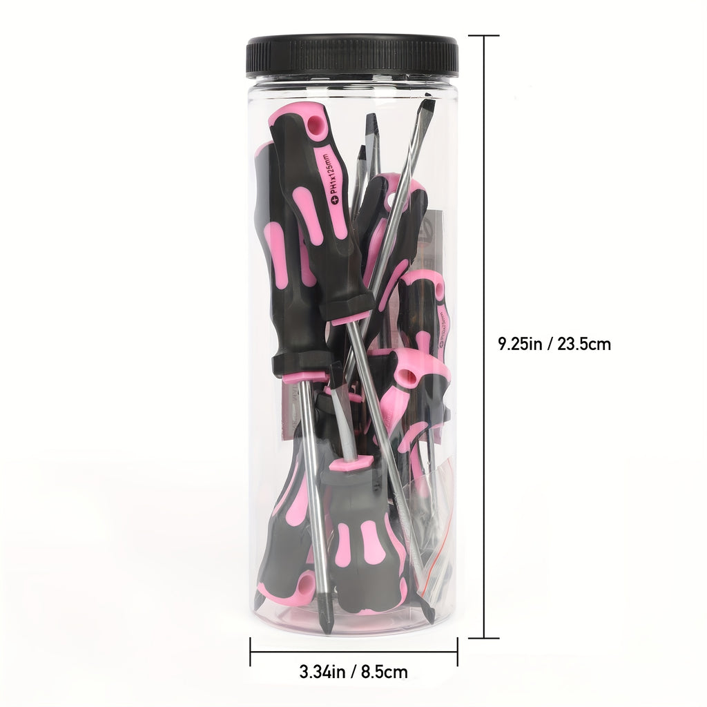 1 Set of Magnetic Screwdrivers, 5 Cross And 5 Slotted Professional Buffer Handle Screwdrivers, And Two Key Screwdrivers (Pink