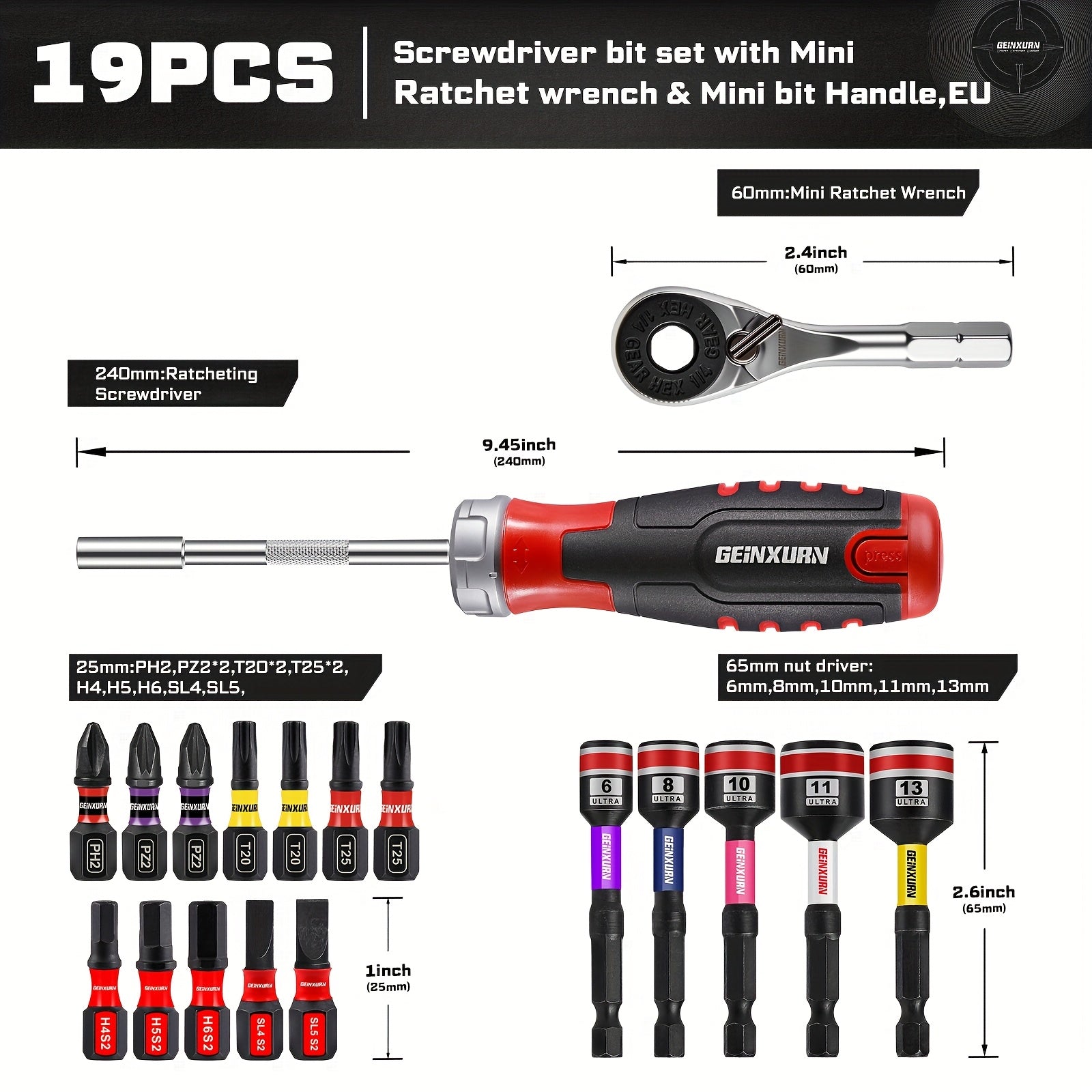 19pcs Ratchet Screwdriver Bit Set, 1pc Ratchet Screwdriver (All-In-One) 1pc Mini Wrench, 12pcs ULTRA TORQUE Bits (PH1*1, PH2*2, PH3*1, SQ1*1, SQ2*1, SQ3*1, T20*2, T25*2, SL#8*1, ) 5pcs 65Mm Nut Drive