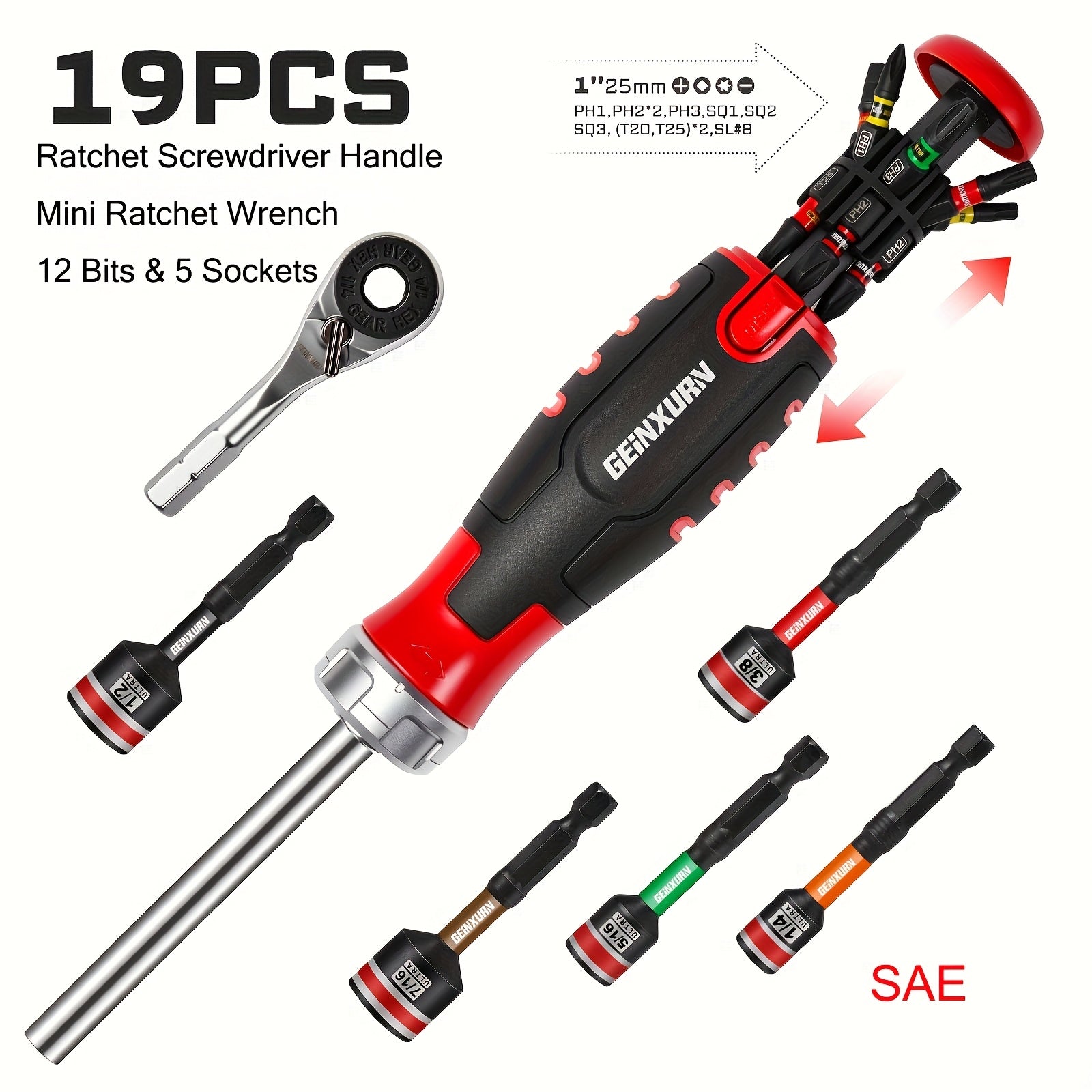 19pcs Ratchet Screwdriver Bit Set, 1pc Ratchet Screwdriver (All-In-One) 1pc Mini Wrench, 12pcs ULTRA TORQUE Bits (PH1*1, PH2*2, PH3*1, SQ1*1, SQ2*1, SQ3*1, T20*2, T25*2, SL#8*1, ) 5pcs 65Mm Nut Drive