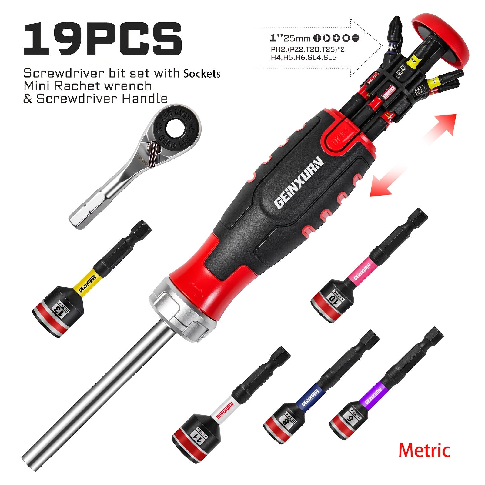 19pcs Ratchet Screwdriver Bit Set, 1pc Ratchet Screwdriver (All-In-One) 1pc Mini Wrench, 12pcs ULTRA TORQUE Bits (PH1*1, PH2*2, PH3*1, SQ1*1, SQ2*1, SQ3*1, T20*2, T25*2, SL#8*1, ) 5pcs 65Mm Nut Drive