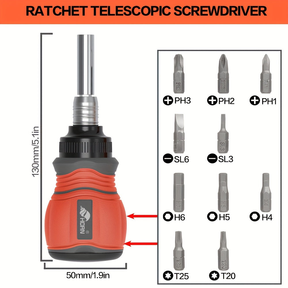 11-in-1 Chrome Vanadium Steel HORN Multi-Function Magnetic Screwdriver Set - Retractable, Rust-Resistant, Non-Slip Grip, Flat, Phillips, Hex Head Styles for Home, Office, Indoor Use - Orange, Green