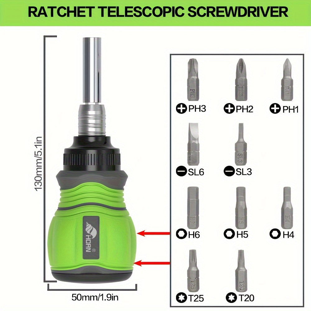 11-in-1 Chrome Vanadium Steel HORN Multi-Function Magnetic Screwdriver Set - Retractable, Rust-Resistant, Non-Slip Grip, Flat, Phillips, Hex Head Styles for Home, Office, Indoor Use - Orange, Green