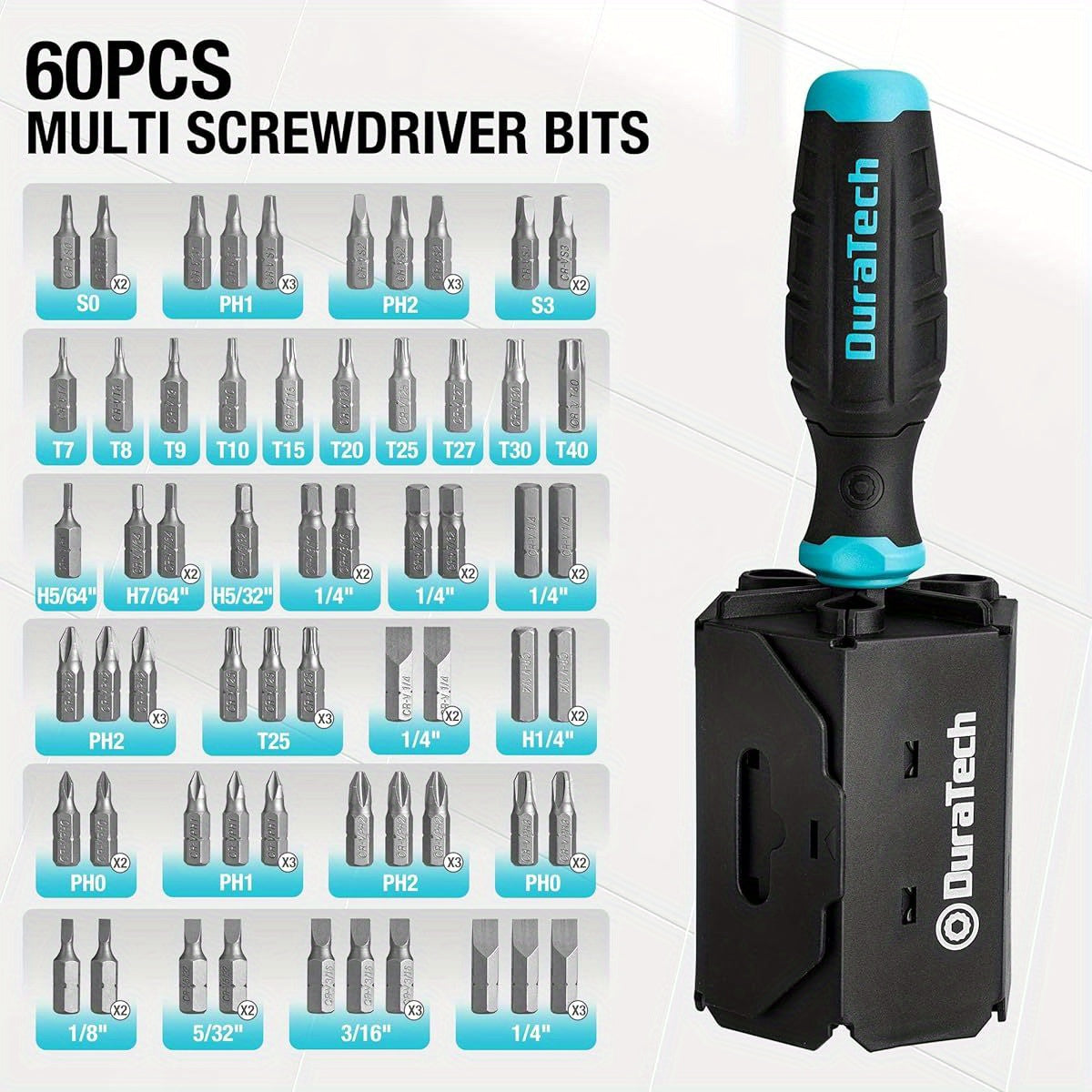 60-Bit Multi-Function Screwdriver Set with Replaceable CR-V Bits (Flat, Phillips, Torx, Hex, Square) - Heavy-Duty Metal Construction, Ergonomic Rolling Barrel Bits Holder, Compact & Portable All-in-One Tool Kit for DIY, Home Repair, Electronics,