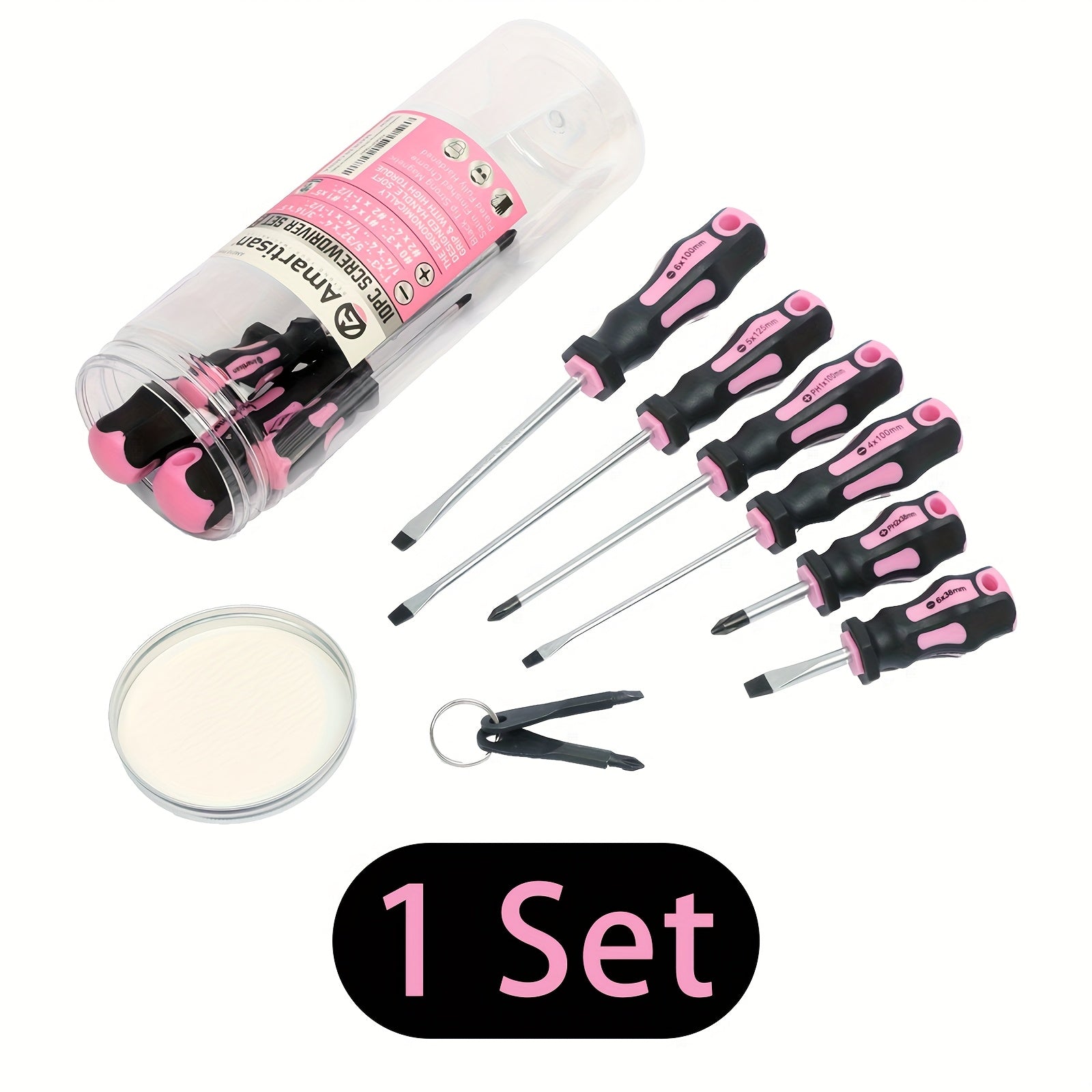 1 Set of Magnetic Screwdrivers, 5 Cross And 5 Slotted Professional Buffer Handle Screwdrivers, And Two Key Screwdrivers (Pink