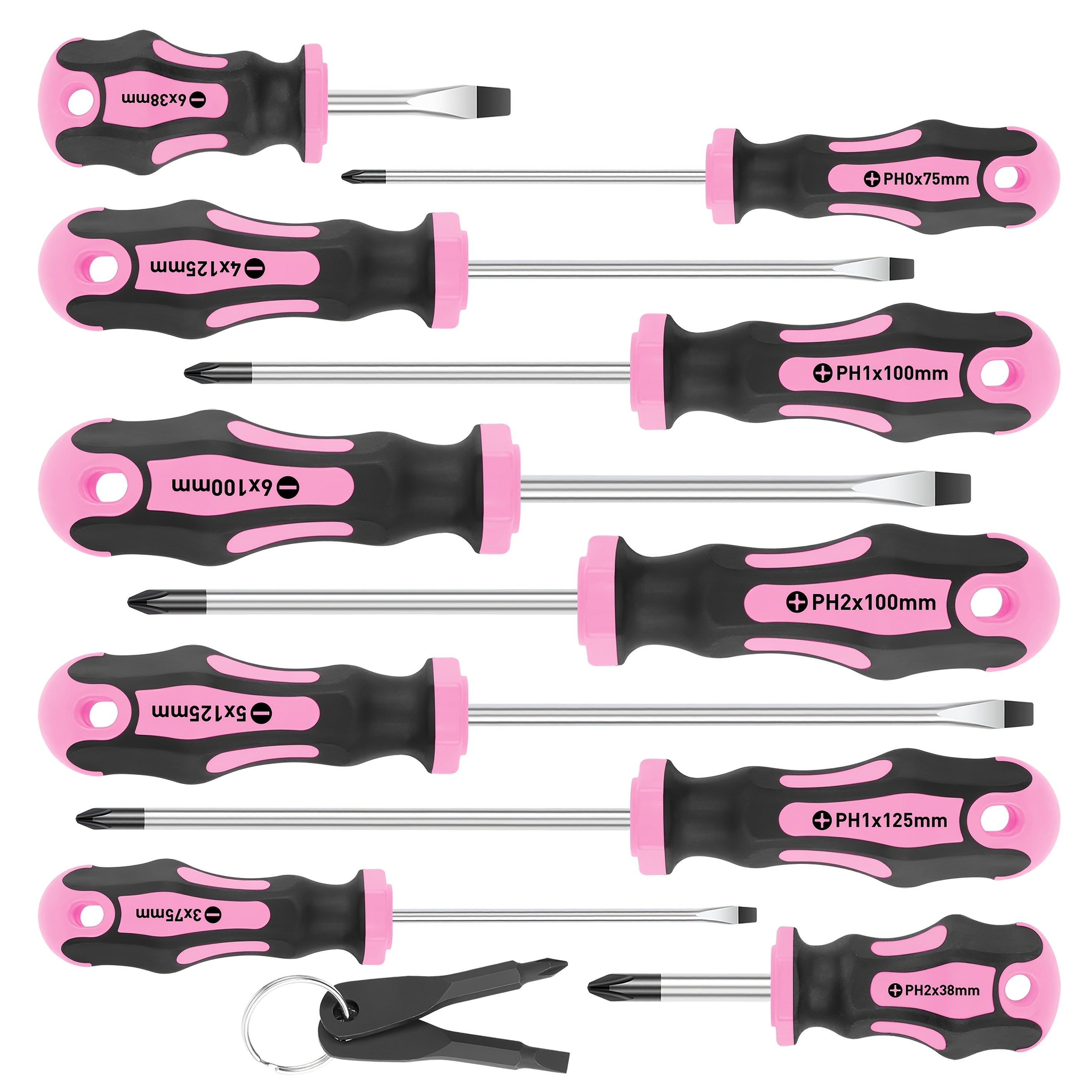 1 Set of Magnetic Screwdrivers, 5 Cross And 5 Slotted Professional Buffer Handle Screwdrivers, And Two Key Screwdrivers (Pink