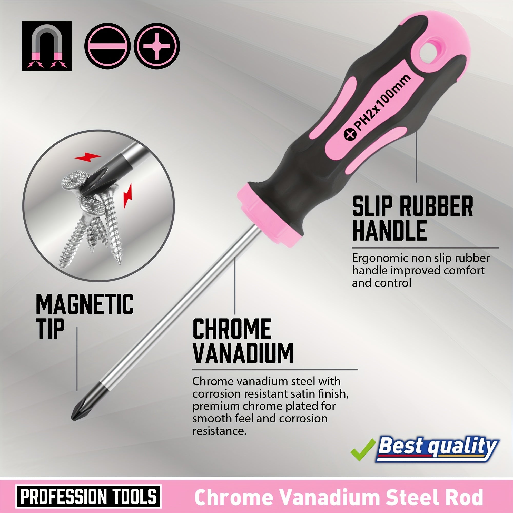 1 Set of Magnetic Screwdrivers, 5 Cross And 5 Slotted Professional Buffer Handle Screwdrivers, And Two Key Screwdrivers (Pink
