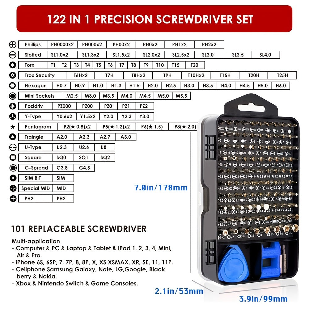 [122in1 VMAN Repair Kit] 122in 1 VMAN Electronics Repair Tool Kit, Precision Screwdriver Set | Carbon Steel, Non-Slip Handle, Flat/Phillips/Torx Heads, Polished Finish, Red & Blue, Professional Repair Equipment | Organized Tool Case, Durable Tool Set for