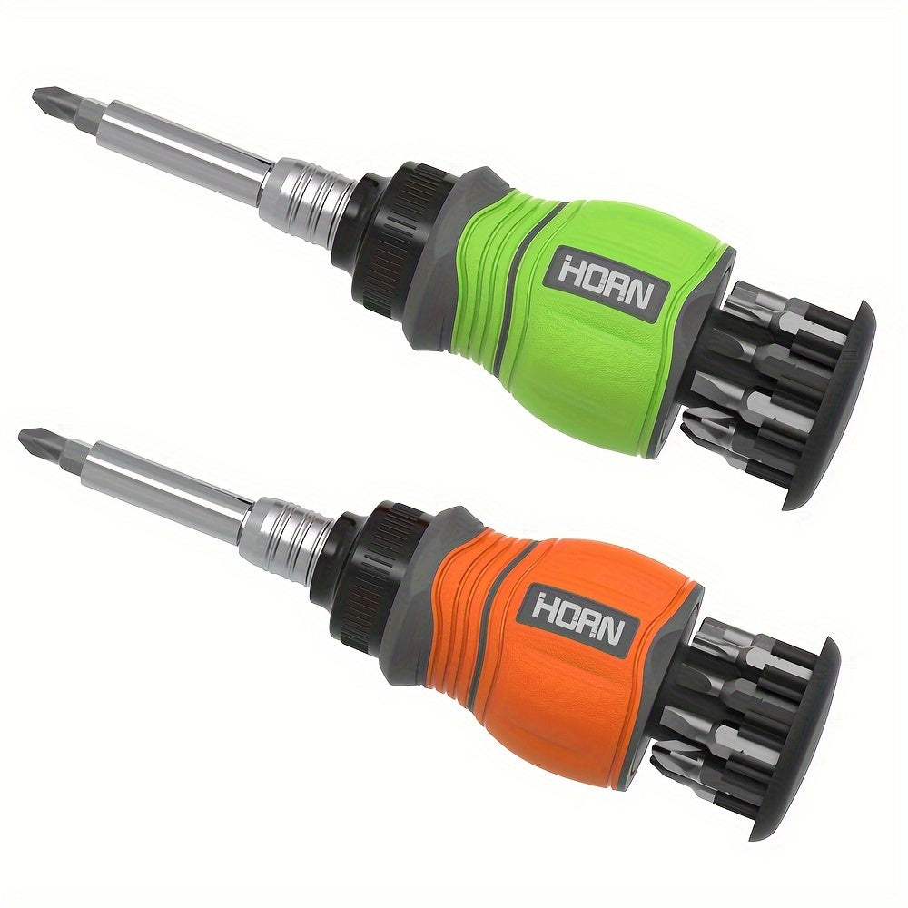 11-in-1 Chrome Vanadium Steel HORN Multi-Function Magnetic Screwdriver Set - Retractable, Rust-Resistant, Non-Slip Grip, Flat, Phillips, Hex Head Styles for Home, Office, Indoor Use - Orange, Green