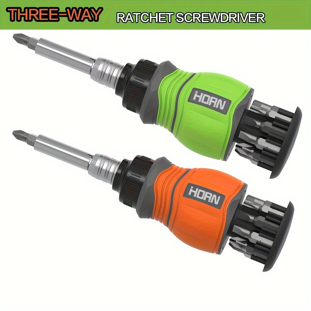 11-in-1 Chrome Vanadium Steel HORN Multi-Function Magnetic Screwdriver Set - Retractable, Rust-Resistant, Non-Slip Grip, Flat, Phillips, Hex Head Styles for Home, Office, Indoor Use - Orange, Green