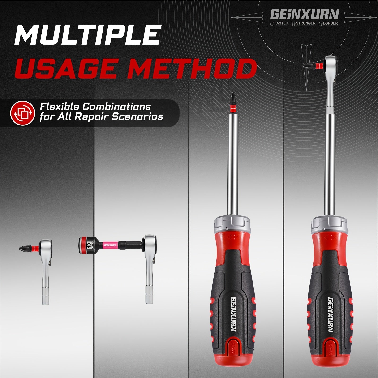 19pcs Ratchet Screwdriver Bit Set, 1pc Ratchet Screwdriver (All-In-One) 1pc Mini Wrench, 12pcs ULTRA TORQUE Bits (PH1*1, PH2*2, PH3*1, SQ1*1, SQ2*1, SQ3*1, T20*2, T25*2, SL#8*1, ) 5pcs 65Mm Nut Drive