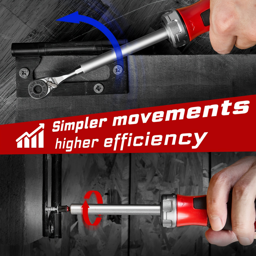 19pcs Ratchet Screwdriver Bit Set, 1pc Ratchet Screwdriver (All-In-One) 1pc Mini Wrench, 12pcs ULTRA TORQUE Bits (PH1*1, PH2*2, PH3*1, SQ1*1, SQ2*1, SQ3*1, T20*2, T25*2, SL#8*1, ) 5pcs 65Mm Nut Drive