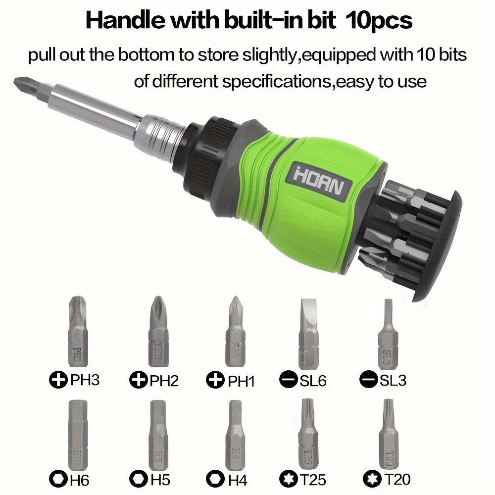 11-in-1 Chrome Vanadium Steel HORN Multi-Function Magnetic Screwdriver Set - Retractable, Rust-Resistant, Non-Slip Grip, Flat, Phillips, Hex Head Styles for Home, Office, Indoor Use - Orange, Green