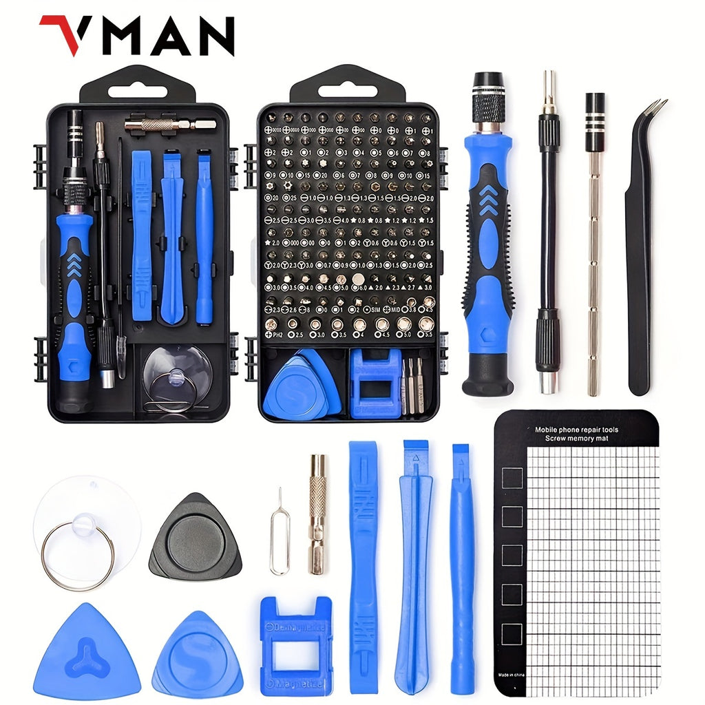 [122in1 VMAN Repair Kit] 122in 1 VMAN Electronics Repair Tool Kit, Precision Screwdriver Set | Carbon Steel, Non-Slip Handle, Flat/Phillips/Torx Heads, Polished Finish, Red & Blue, Professional Repair Equipment | Organized Tool Case, Durable Tool Set for