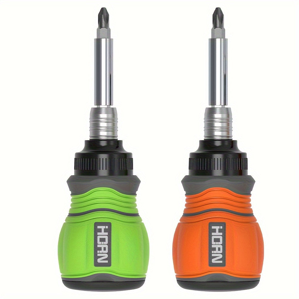 11-in-1 Chrome Vanadium Steel HORN Multi-Function Magnetic Screwdriver Set - Retractable, Rust-Resistant, Non-Slip Grip, Flat, Phillips, Hex Head Styles for Home, Office, Indoor Use - Orange, Green