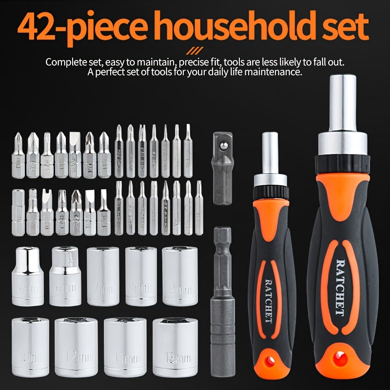Ratchet Screwdriver Set, 42-in-1 with Magnetic Two Handles, Convertible Chuck for Electronics, Bicycles and Furniture Repair - Includes Flat Head, Hexagon, Phillips Bits, High-end Boxed