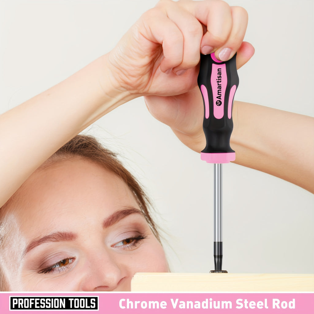 1 Set of Magnetic Screwdrivers, 5 Cross And 5 Slotted Professional Buffer Handle Screwdrivers, And Two Key Screwdrivers (Pink