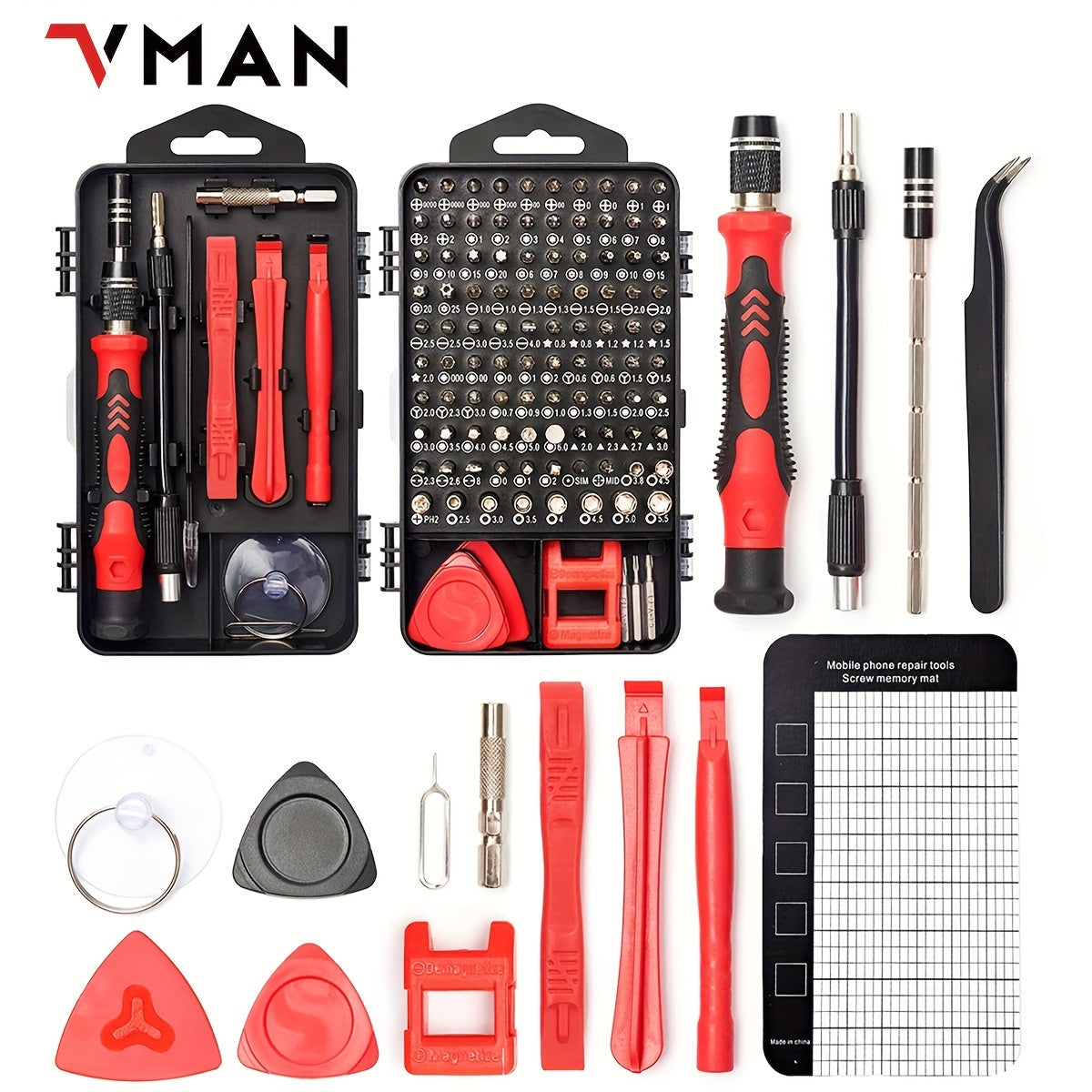 [122in1 VMAN Repair Kit] 122in 1 VMAN Electronics Repair Tool Kit, Precision Screwdriver Set | Carbon Steel, Non-Slip Handle, Flat/Phillips/Torx Heads, Polished Finish, Red & Blue, Professional Repair Equipment | Organized Tool Case, Durable Tool Set for
