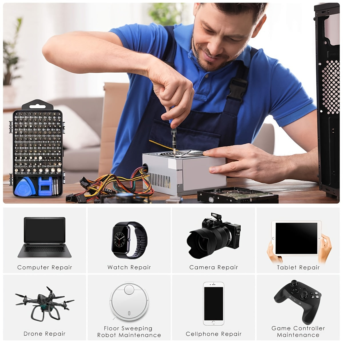 [122in1 VMAN Repair Kit] 122in 1 VMAN Electronics Repair Tool Kit, Precision Screwdriver Set | Carbon Steel, Non-Slip Handle, Flat/Phillips/Torx Heads, Polished Finish, Red & Blue, Professional Repair Equipment | Organized Tool Case, Durable Tool Set for